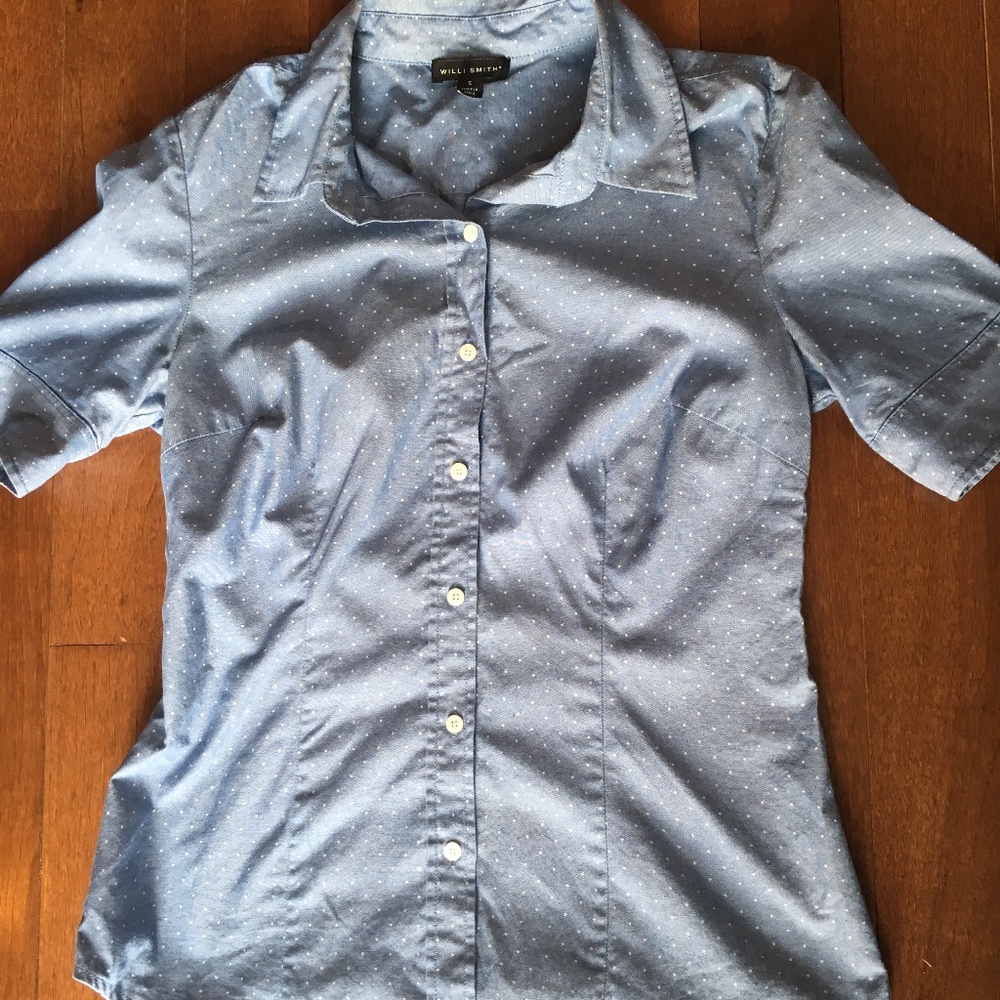 S Chambray Polka Dot Short Sleeve Button Up Blouse